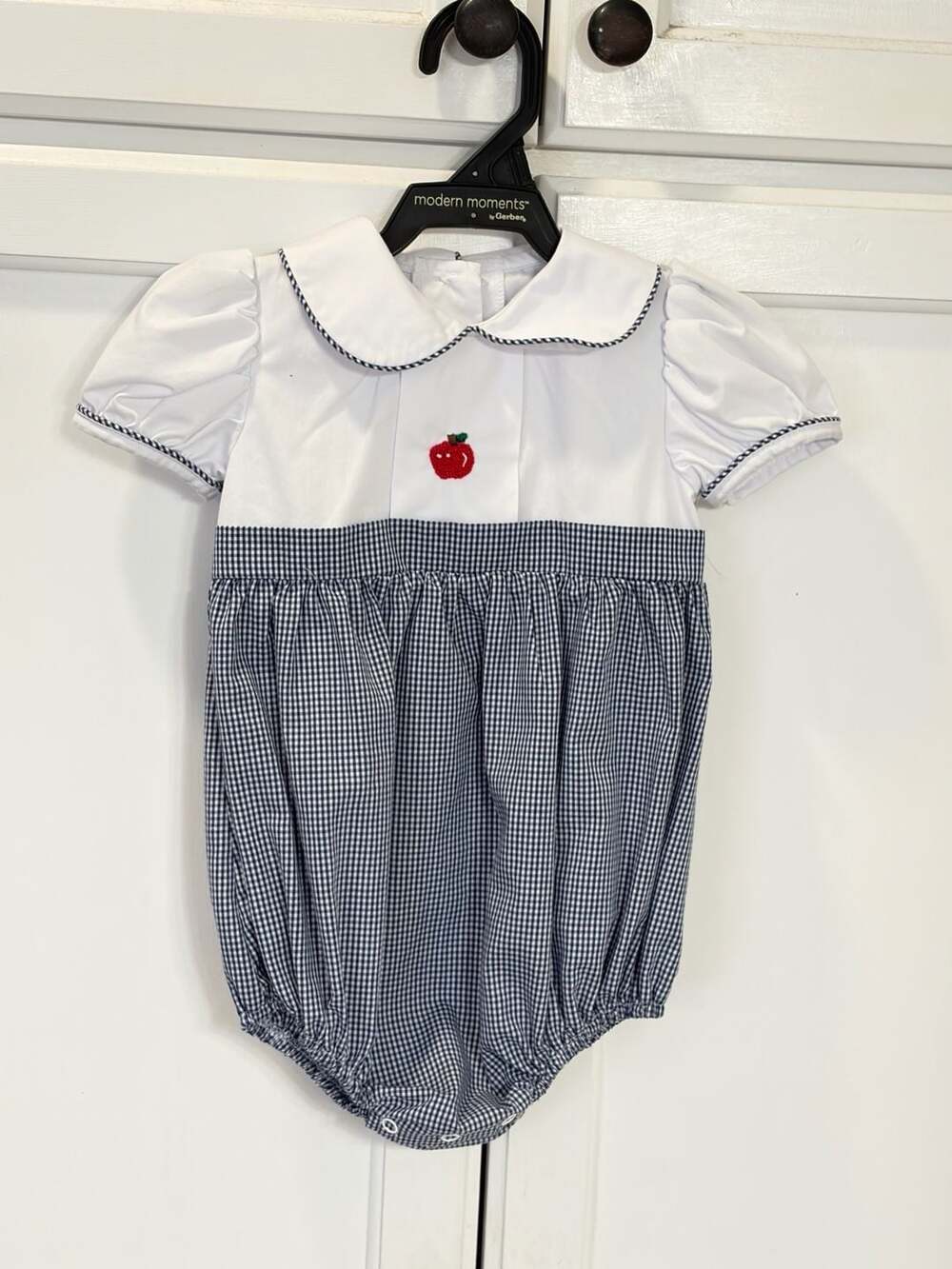 Petit Ami Blue and White Gingham Apple Applique Bubble Romper Size 12M
